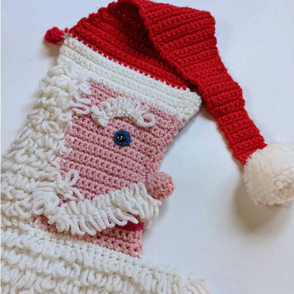 Vintage Anthropomorphic Santa Claus Stocking "Loopy Santa" Hand Crocheted 1970s - Picture 2 of 6